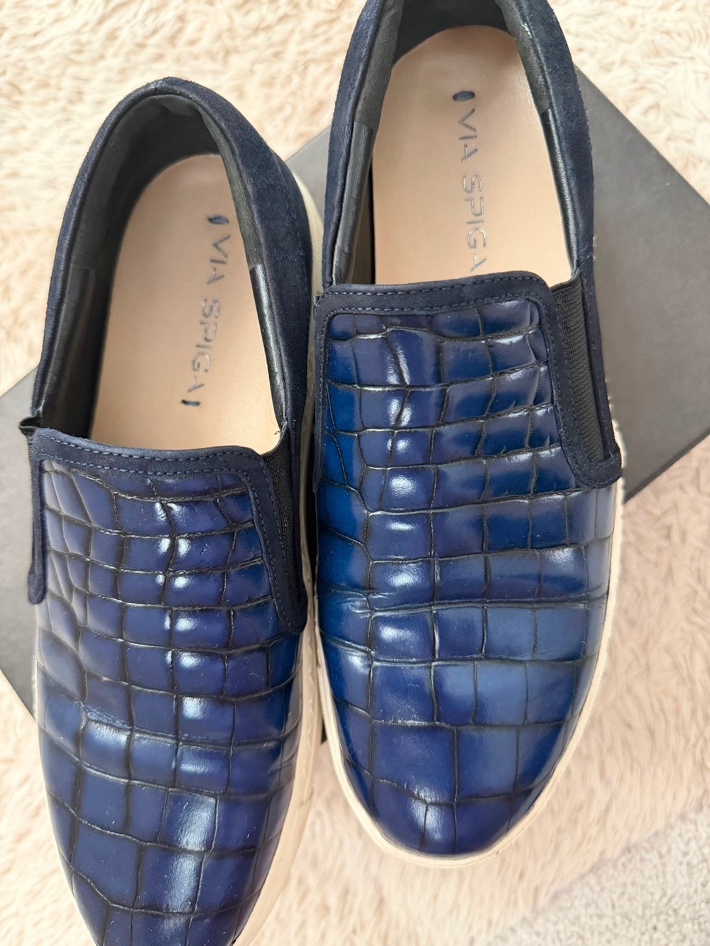 Via Spiga Men’s Navy Croc-Embossed Slip-On Sneakers